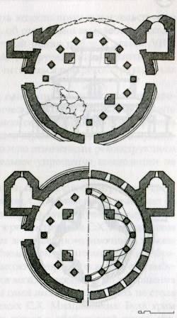 Рис.3. Лекит. Сохранившийся и реконструируемый планы (Мнацаканян С.Х. Звартноц М., 1971)