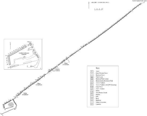 Рис. 2. План равнинного участка Гильгильчайской длинной стены и план городища Еникенд